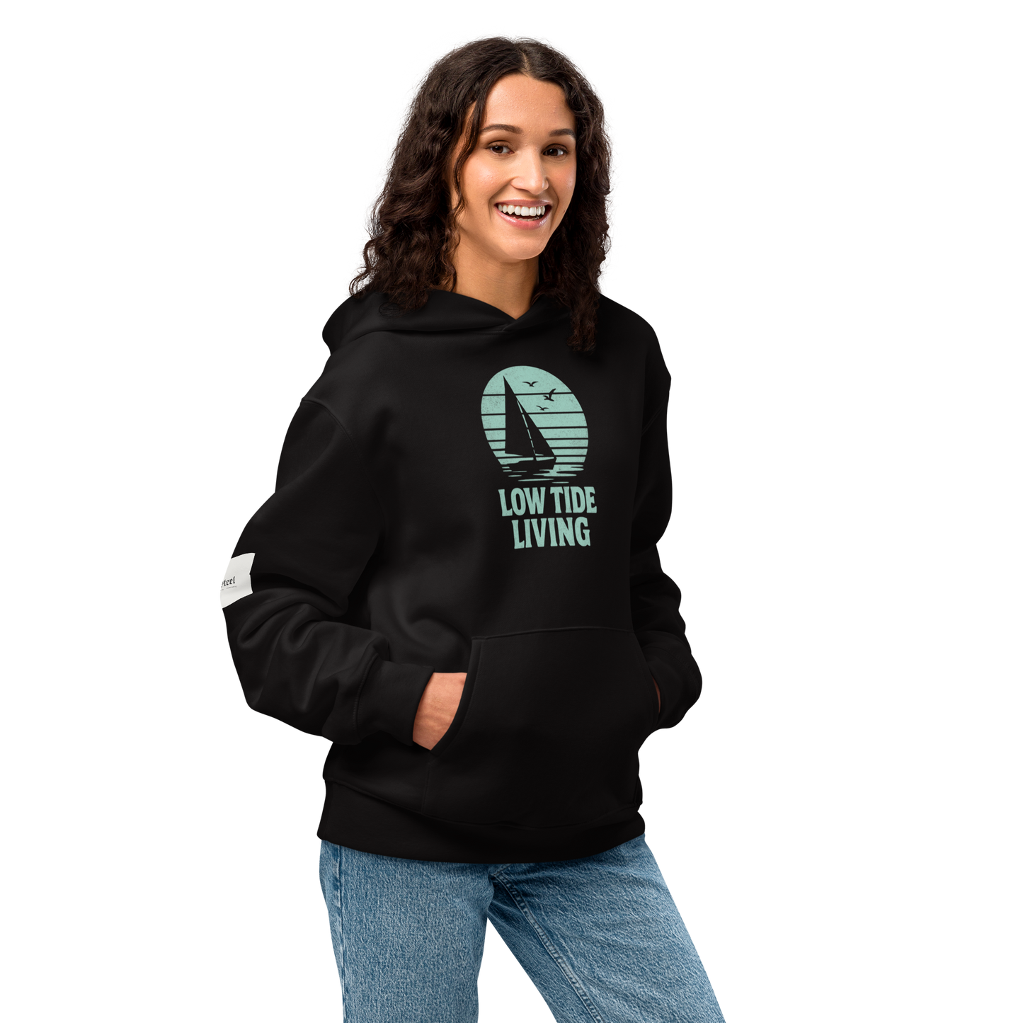 Solstik premium heavyweight pullover hoodie black with Low Tide Living sailboat graphic and kangaroo pocket