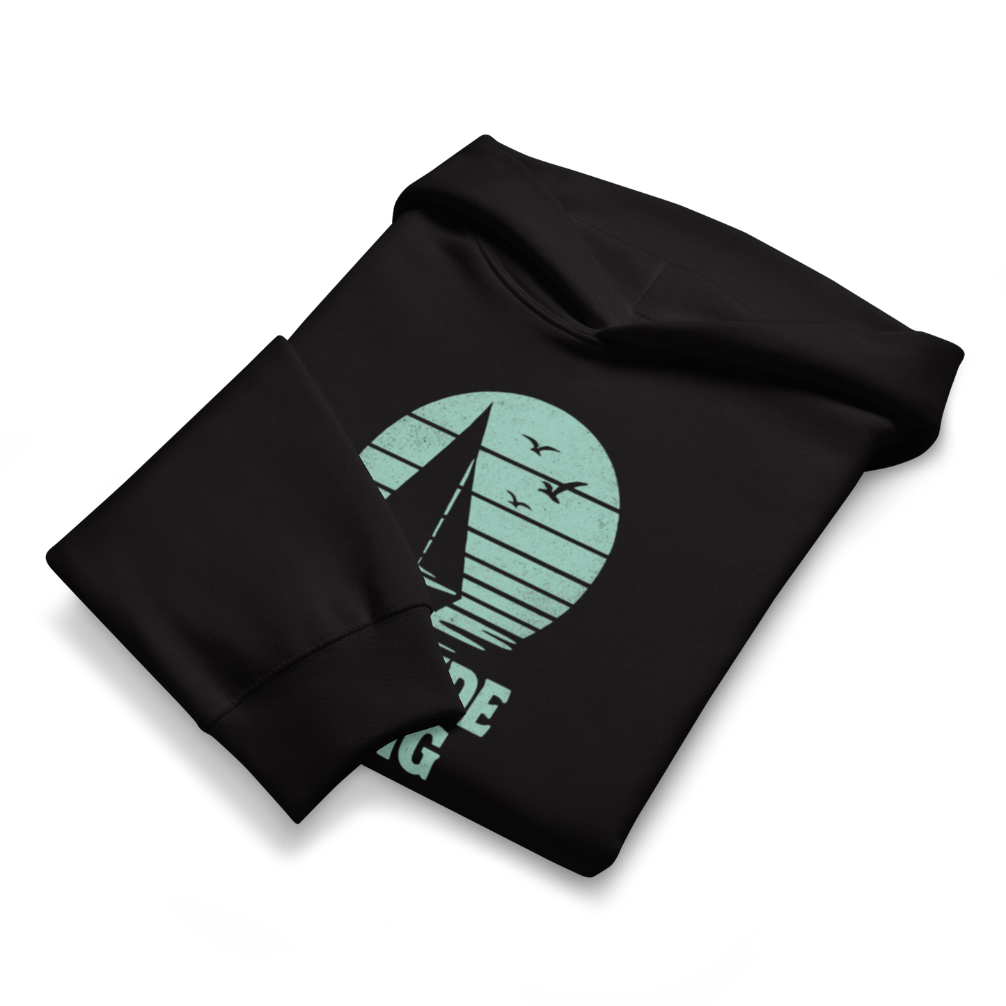 Solstik black folded premium heavyweight pullover hoodie with teal sailboat sunset graphic and birds