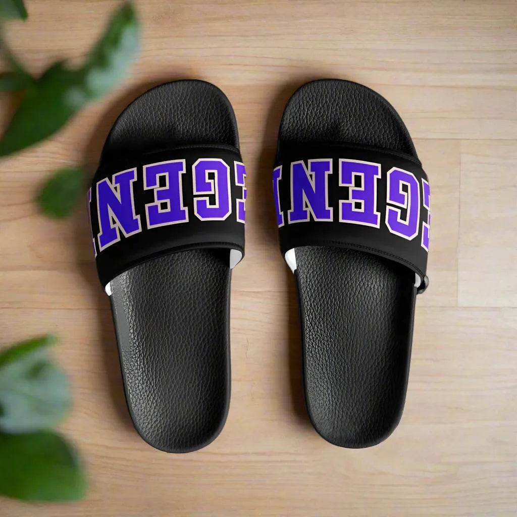 Solstik black luxury men's slide sandals with purple bold lettering on strap for casual wear