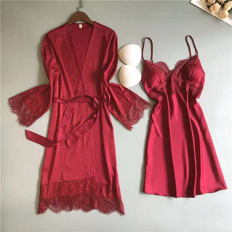Solstik luxury silk robe set in deep red with lace trim and matching camisole nightdress