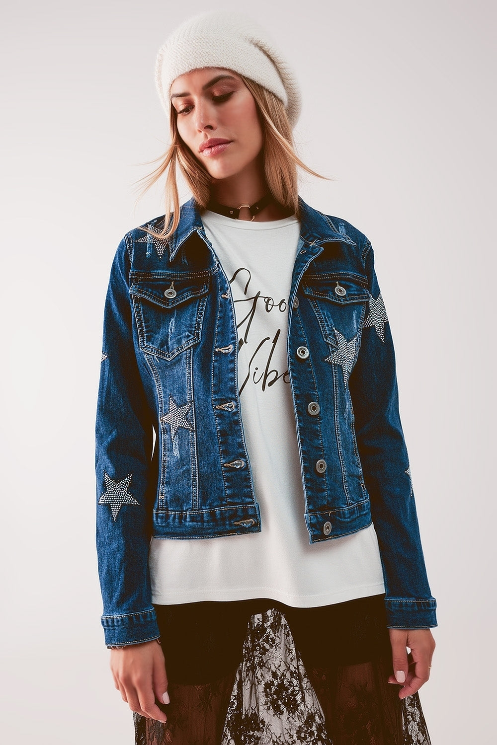 Q2 luxury women's denim outerwear jacket with star patches on sleeves and chest in blue