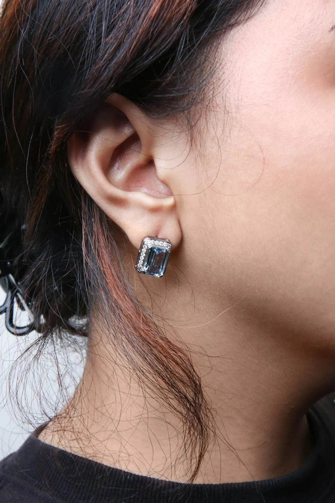 18K White Gold Aquamarine & Diamond Halo Stud Earrings - Solstik