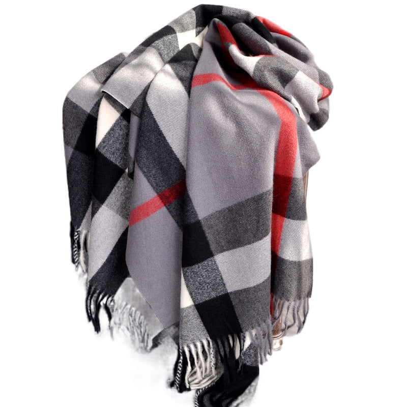 Solstik premium cozy wool scarf with black white gray and red plaid pattern and fringed edges