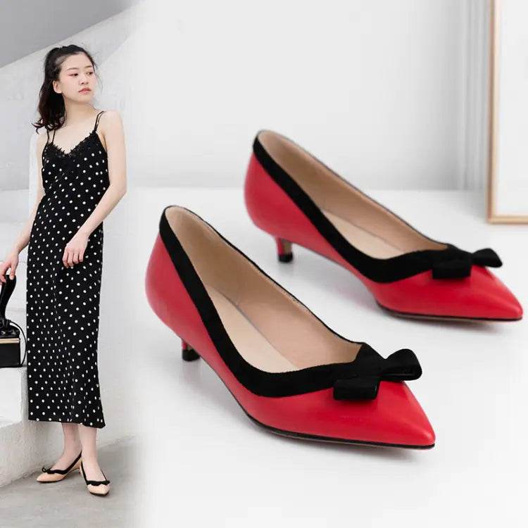 Solstik red kitten heels with bow featuring black trim and low heel for elegant style