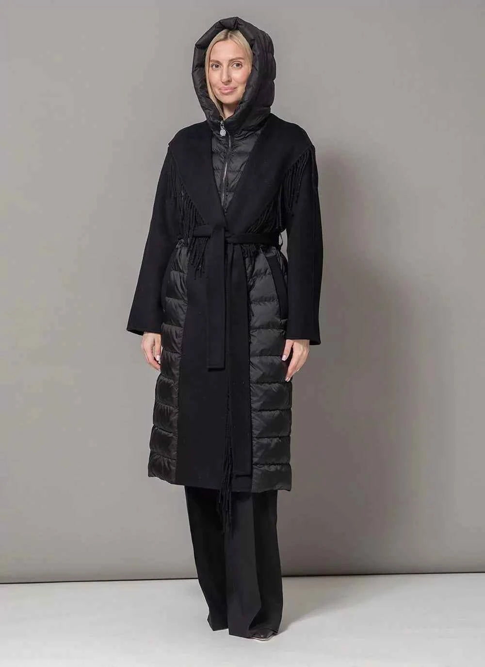 Kennedy Fringe Luxe Down Wool Blend Coat in Black