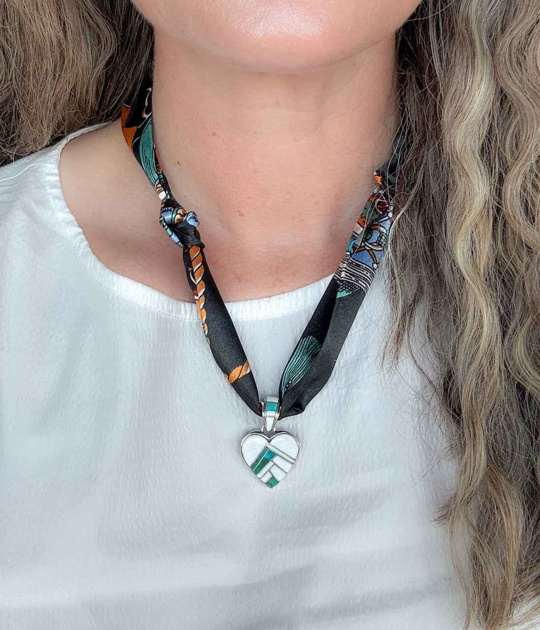 Clayton Tom Turquoise Pendant on Silk Scarf Necklace