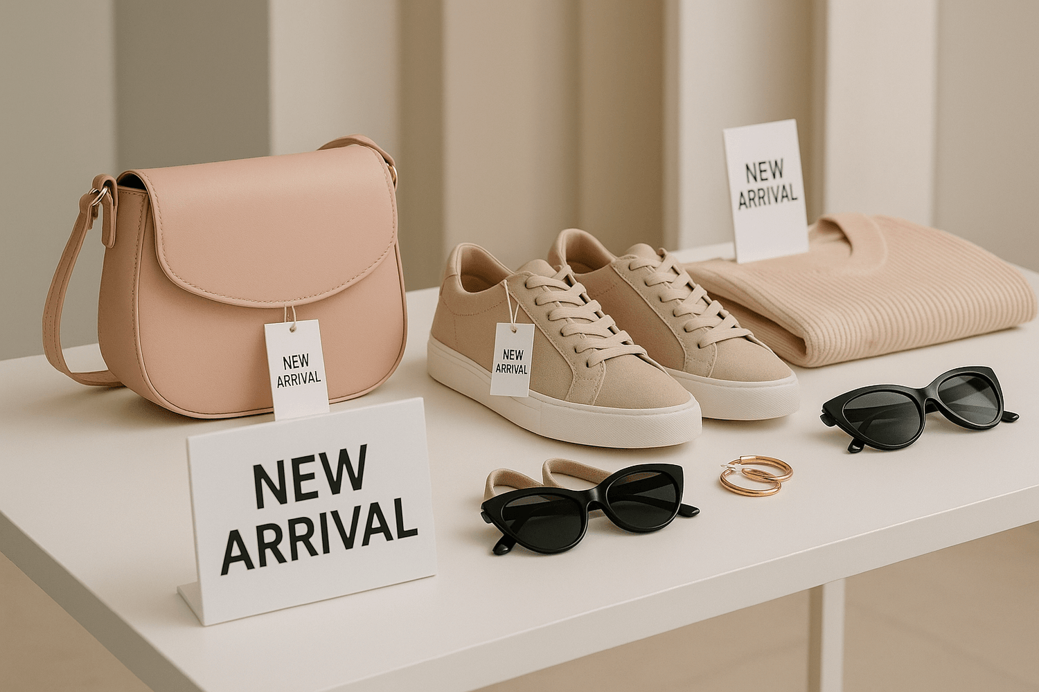 Luxury new arrival fashion collection featuring beige handbag, sneakers, sweater, sunglasses, and rings