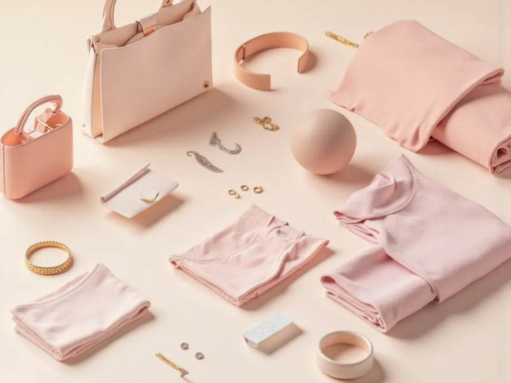 Elegant pink accessories and clothing including bags, jewelry, and apparel from the Women's Collection