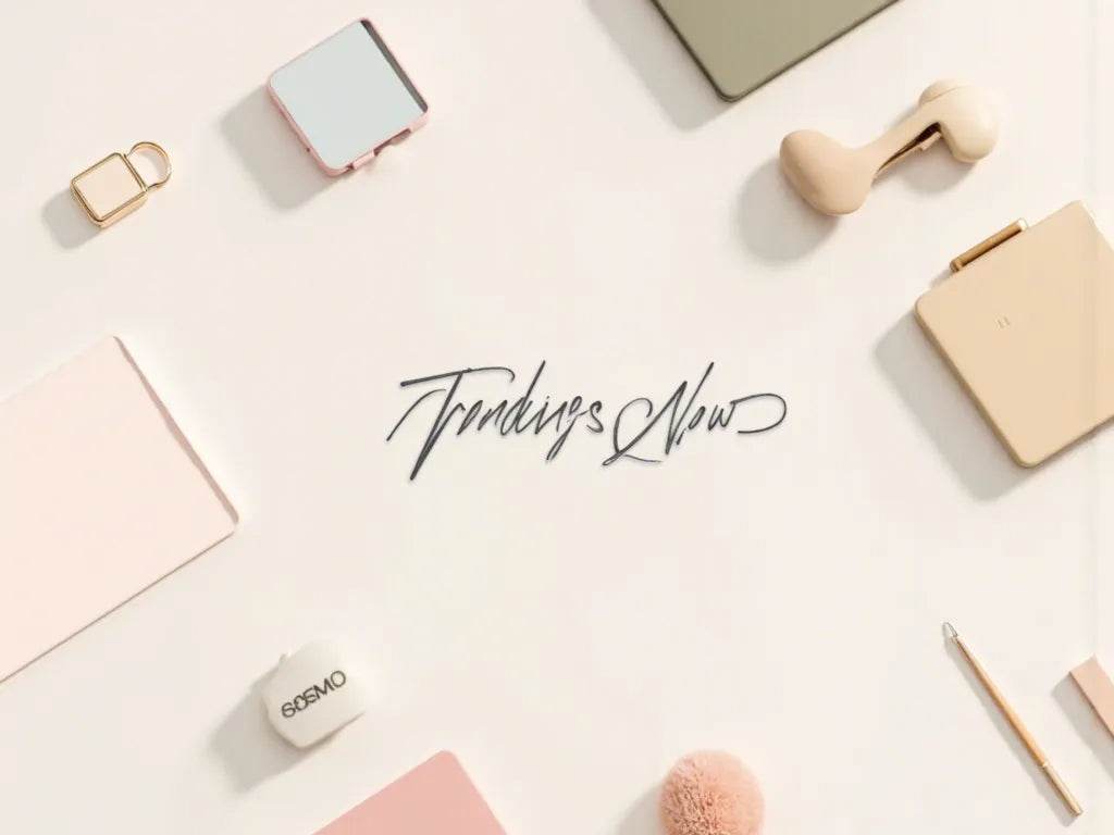 Flat lay of elegant accessories surrounding Trending now text representing luxury fashion collection