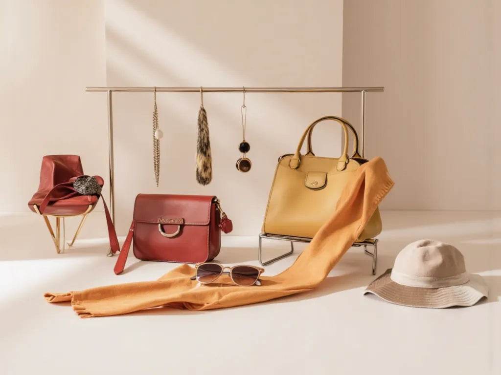 Luxury accessories for modern style including handbags sunglasses scarf jewelry and hat displayed elegantly