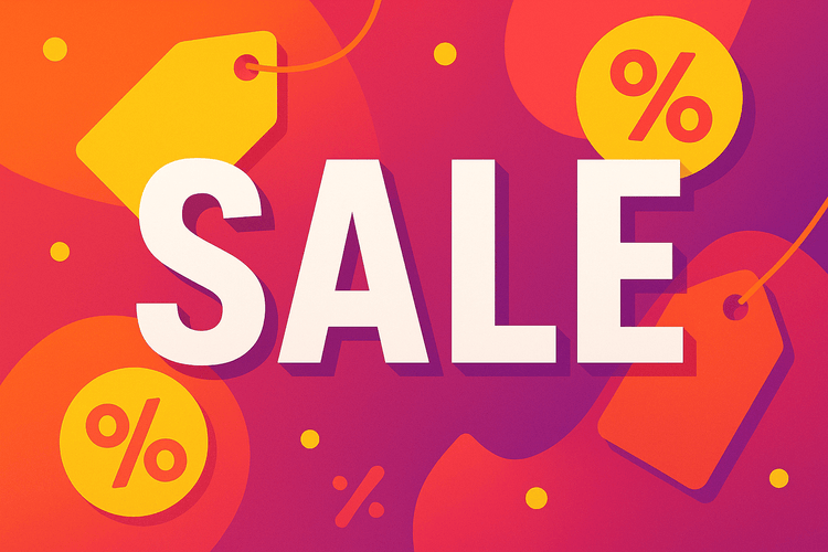Bold sale sign with price tags and percentage symbols promoting a luxury fashion sale event