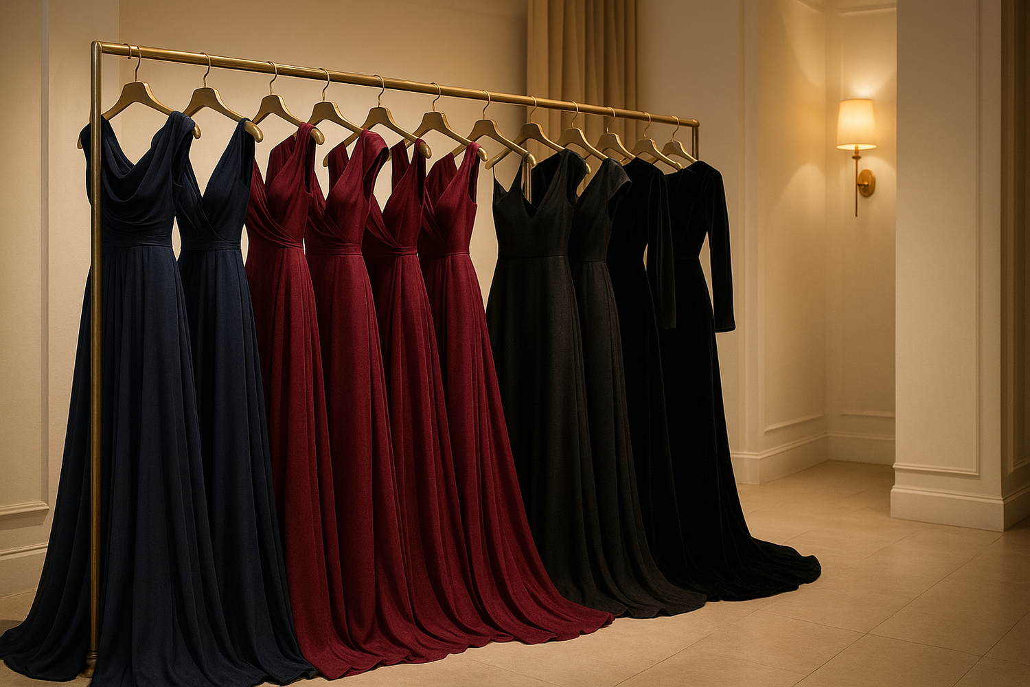 Elegant formal and evening wear collection featuring luxurious dresses and gowns in rich colors, displayed in an upscale boutique setting