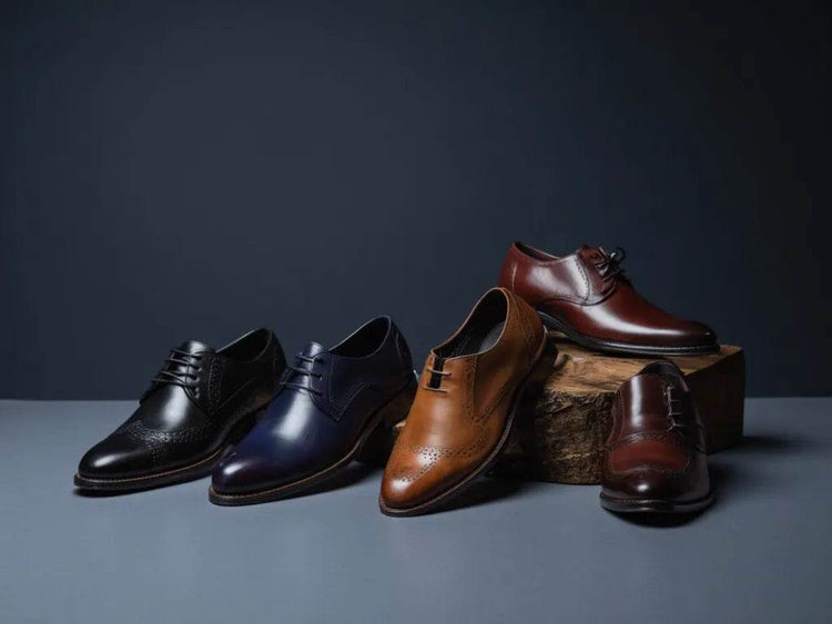 Collection of stylish Men's Shoes including black, navy, brown, and burgundy leather dress shoes on display