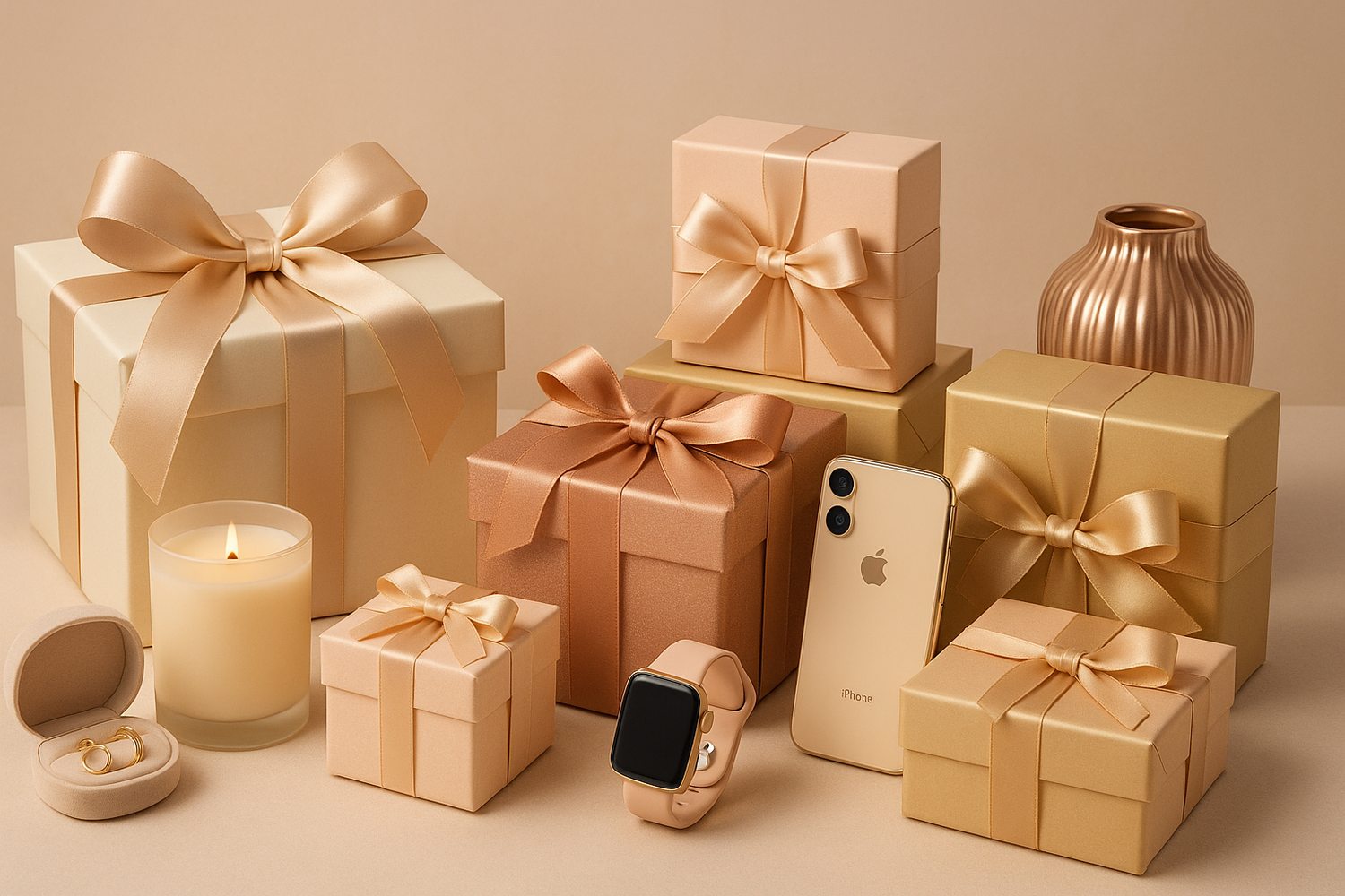 Designer gifts for special occasion featuring elegant wrapped boxes, a smartwatch, smartphone, and jewelry in neutral tones