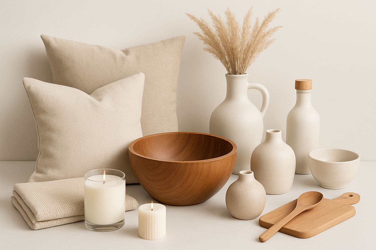 a coolection of home decor in neautral colors