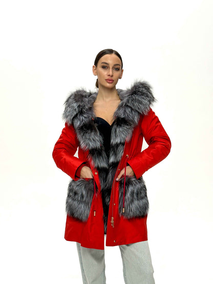 Genuine Silver Fox Fur Rabbit Fur Insulated Parka