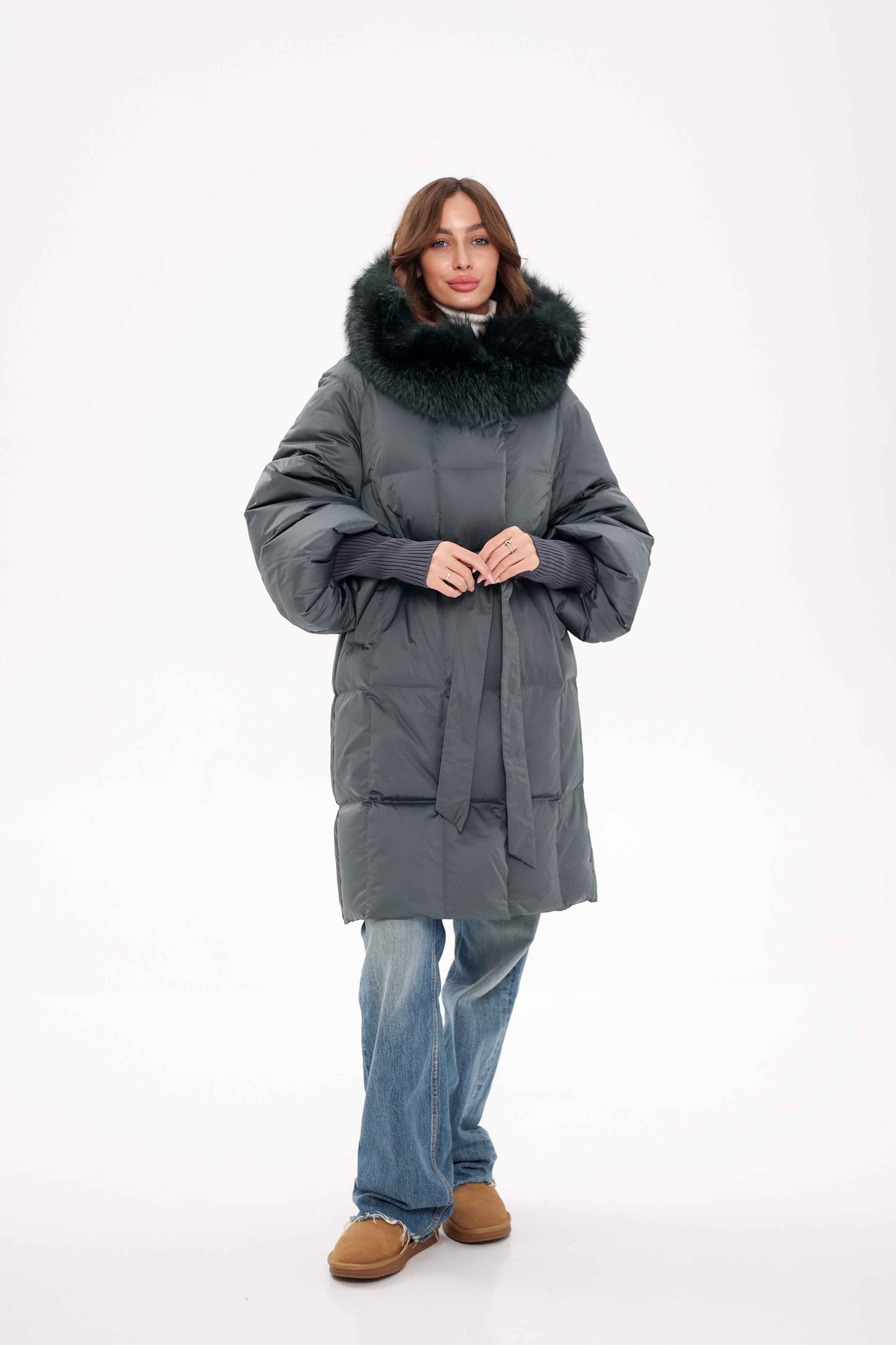 Genuine Silver Fox Fur Trim Down Coat in Forest Slate