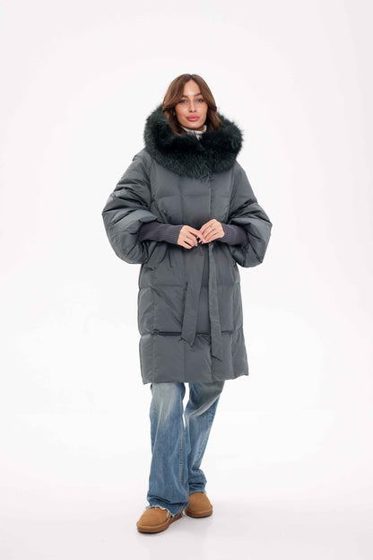 Genuine Silver Fox Fur Trim Down Coat in Forest Slate