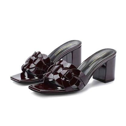 Woven Chunky Heel Slippers All-match Paint Handmade Sheepskin Rubber Comfort And Casual