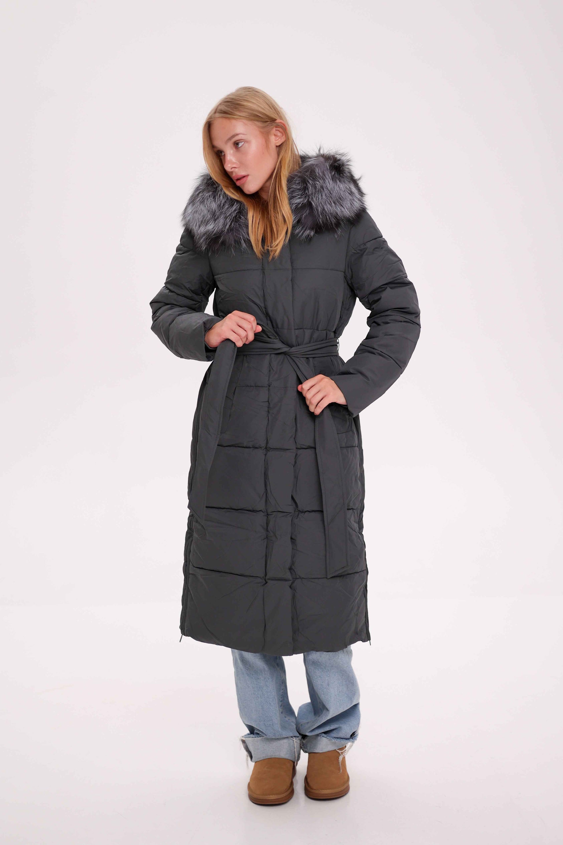 Genuine Silver Fox Belted Winter Insulated Coat