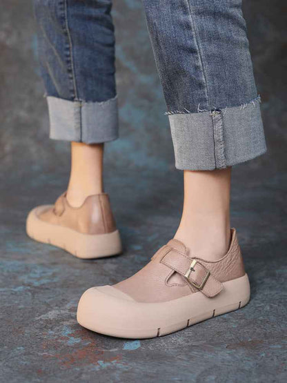 Women's Fashion Round Head Handmade Leather Buckle With Velcro Flat Shoes