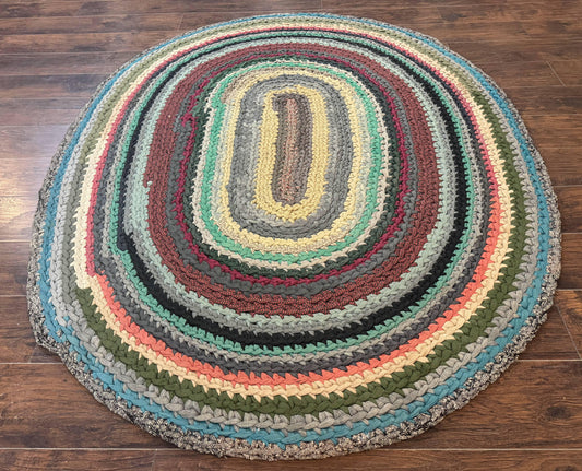 Antique American Braided Rug 5x7, Oval Multicolor Handmade Wool Braided Carpet