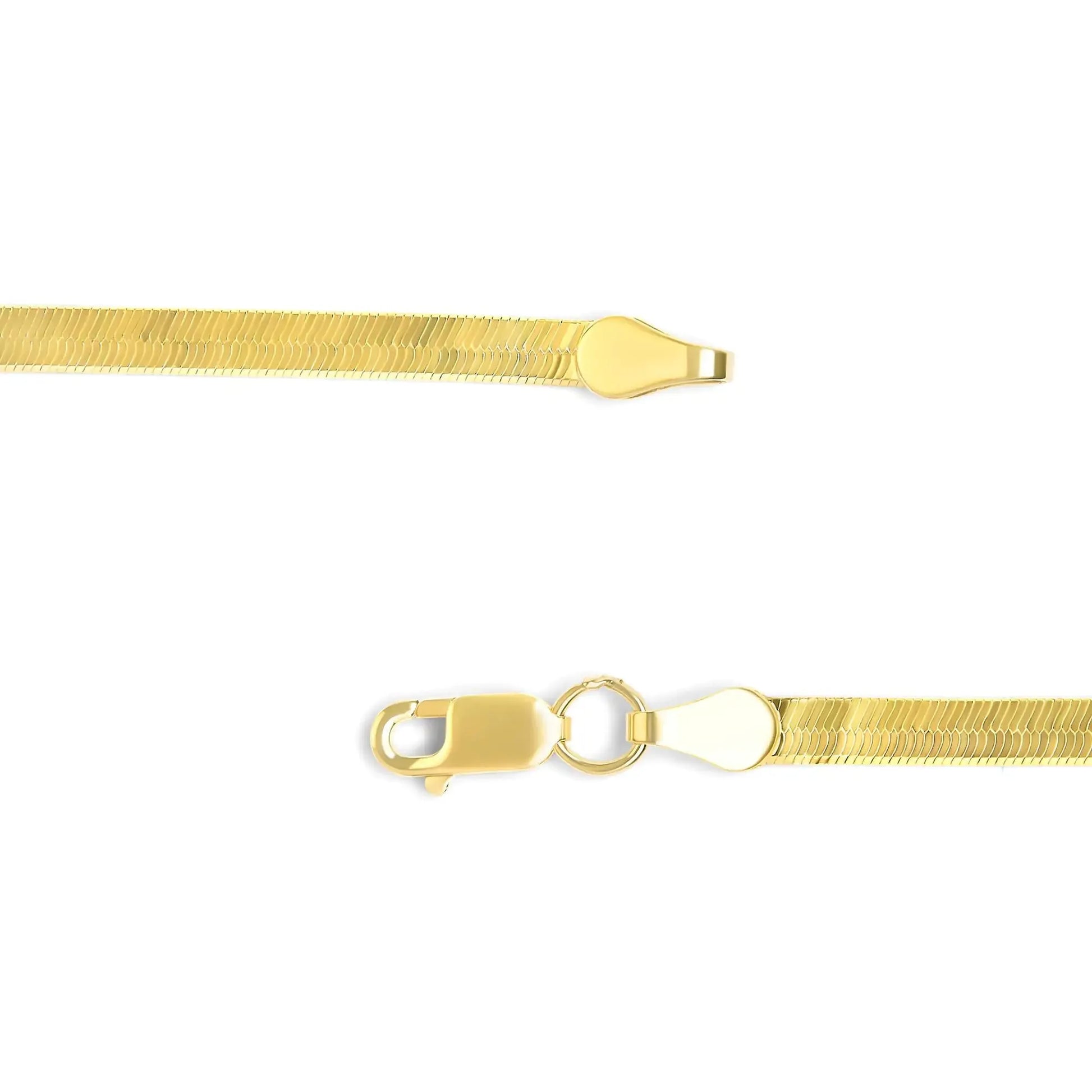 Close-up of 14k gold herringbone chain necklace clasp and texture from Aura Jewel Co