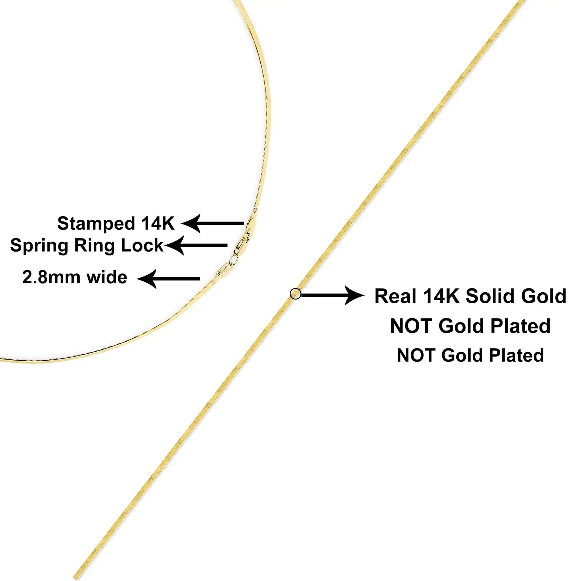 14k gold herringbone chain necklace with stamped 14k spring ring lock and 2.8mm width by Aura Jewel Co