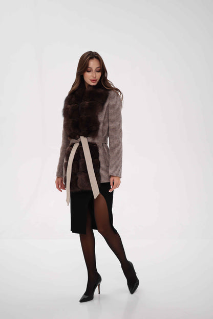 Genuine Polar Fox Fur Virgin Wool Coat in Dark Beige