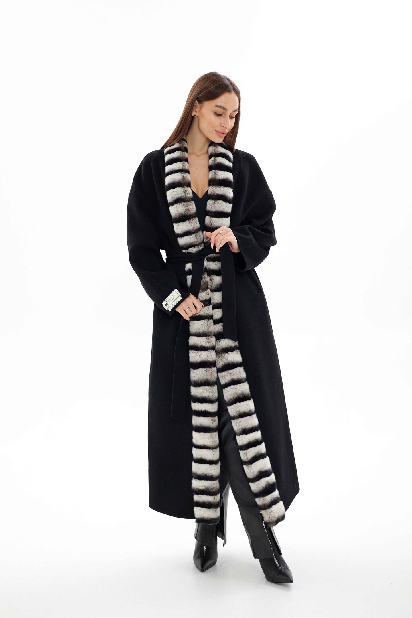 Genuine  French Orylag Fur Italian Cashmere Wool Coat 130cm