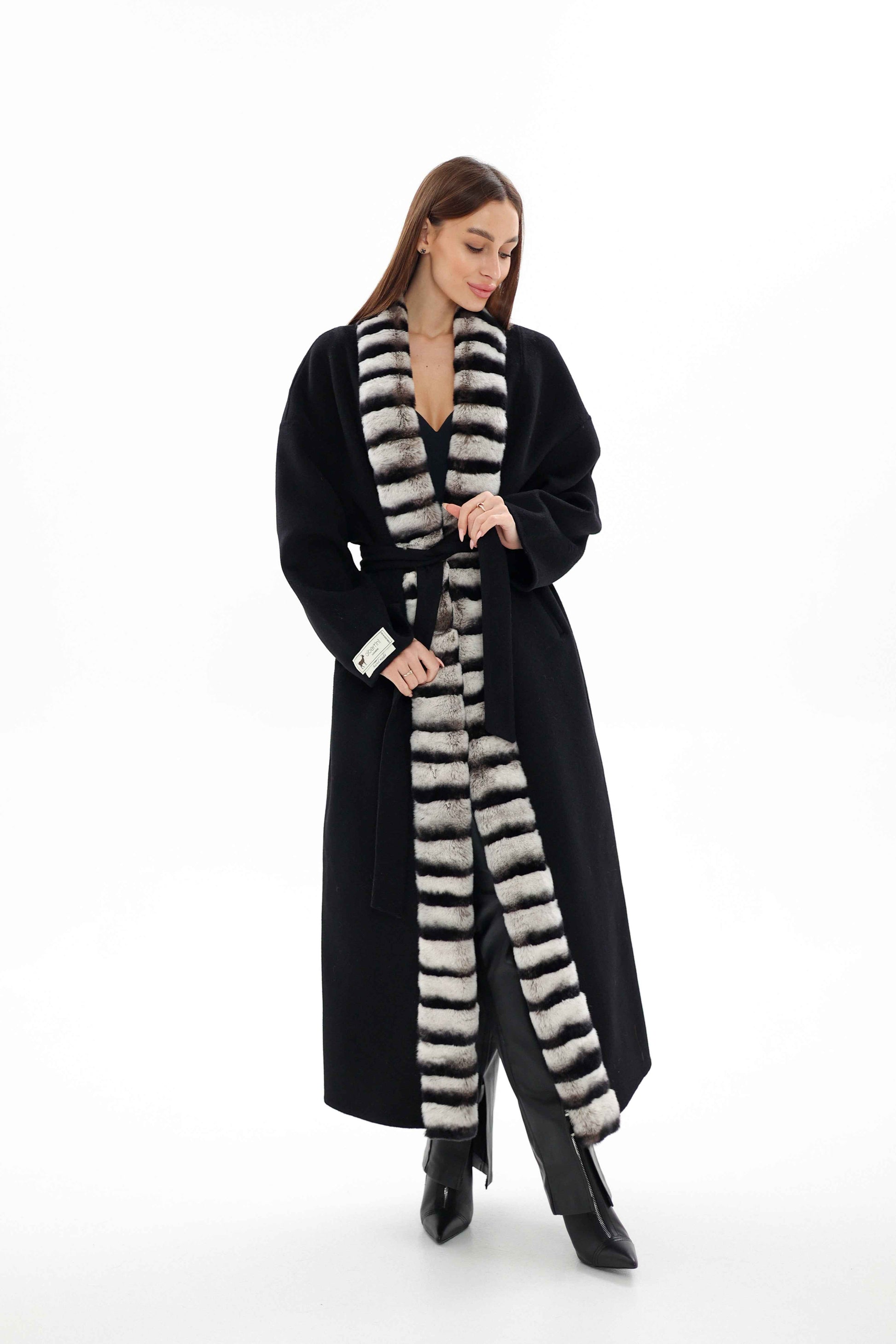 Genuine  French Orylag Fur Italian Cashmere Wool Coat 130cm