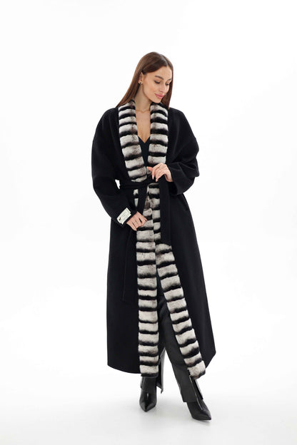 Genuine  French Orylag Fur Italian Cashmere Wool Coat 130cm