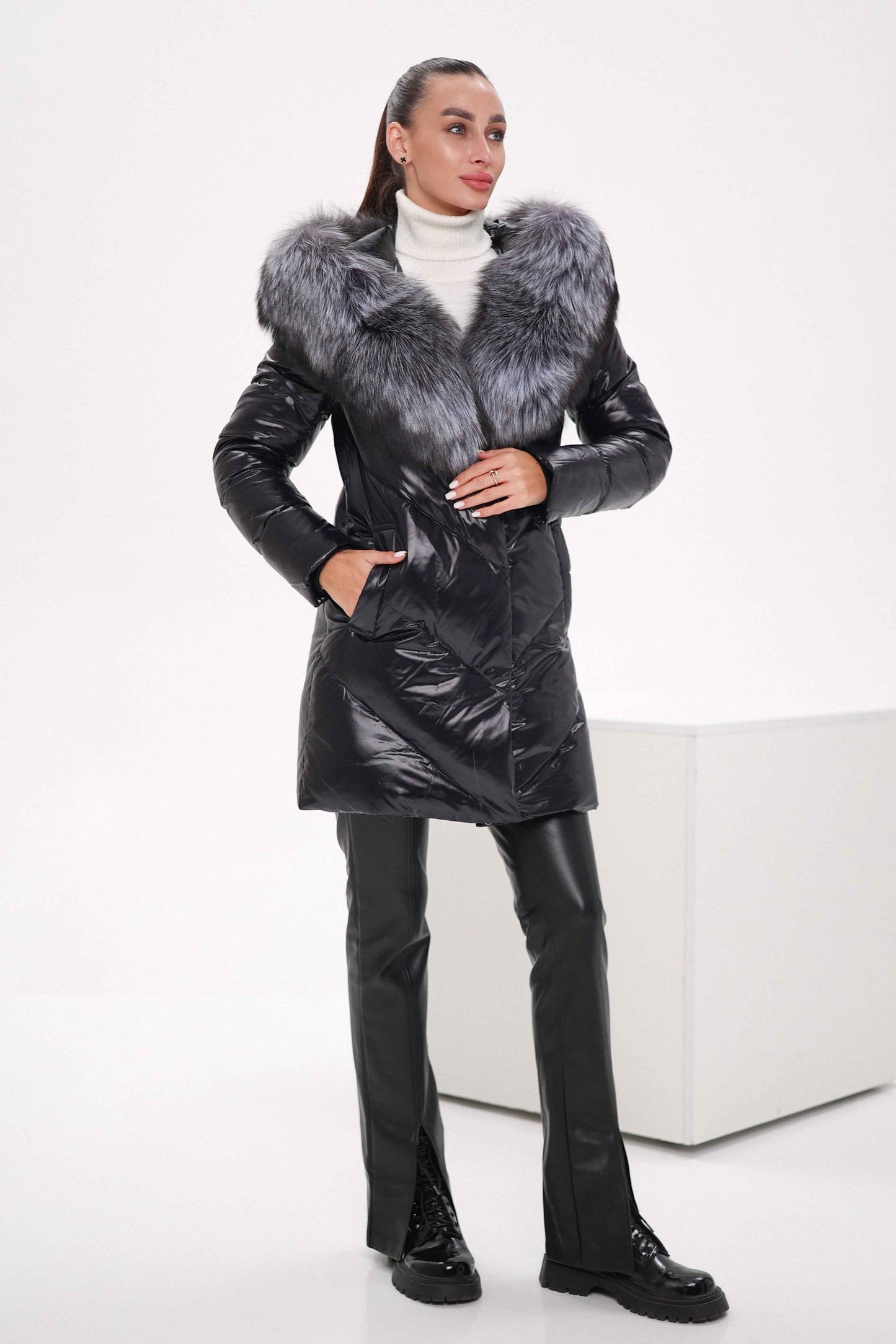 Genuine Silver Fox Fur Down Fill Coat