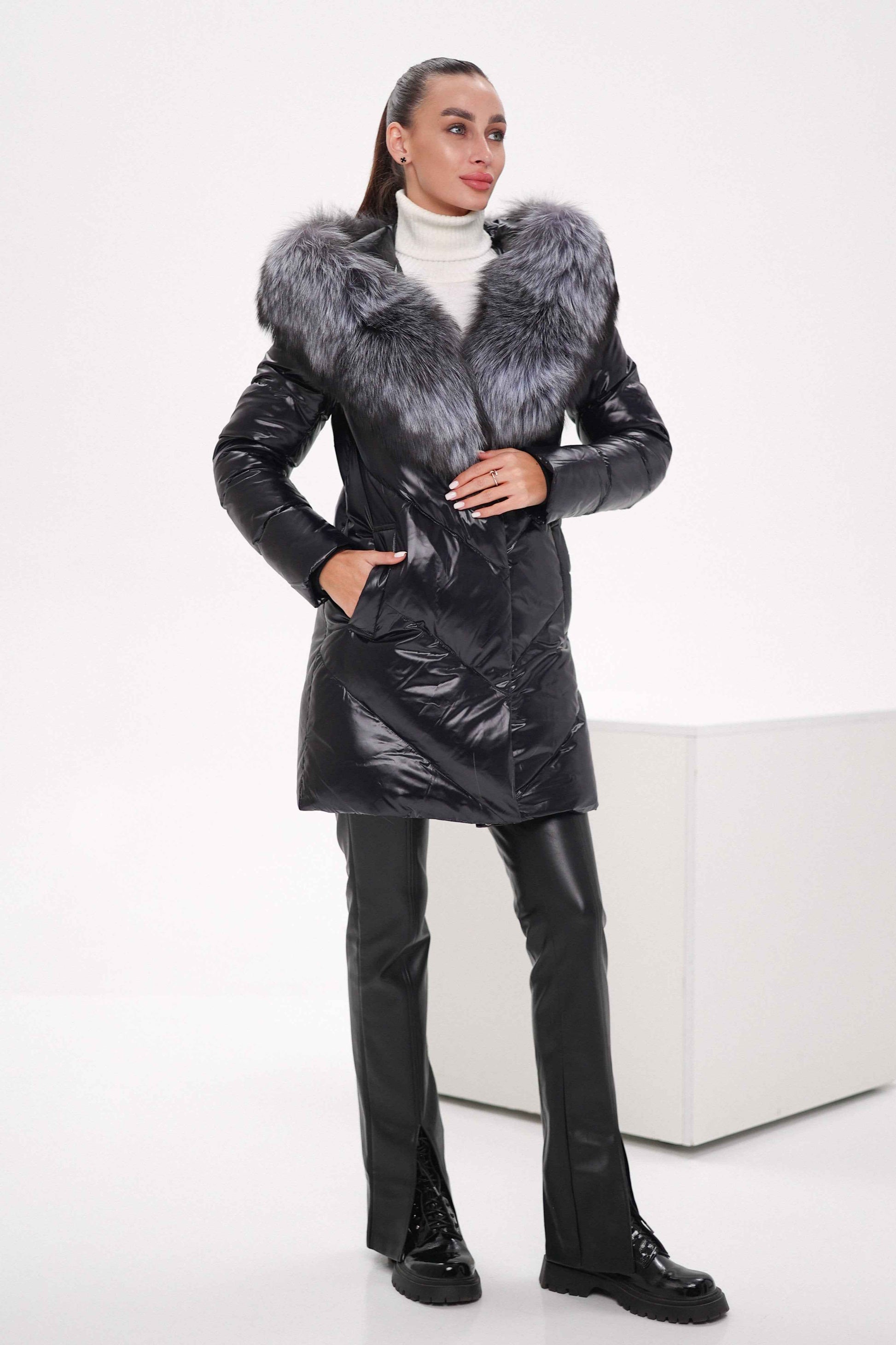 Genuine Silver Fox Fur Down Fill Coat