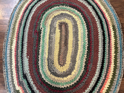 Antique American Braided Rug 5x7, Oval Multicolor Handmade Wool Braided Carpet