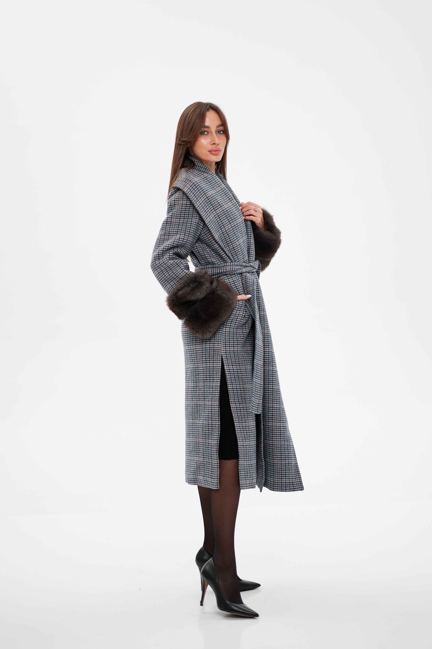Genuine Polar Fox Fur Virgin Wool Wrap Coat