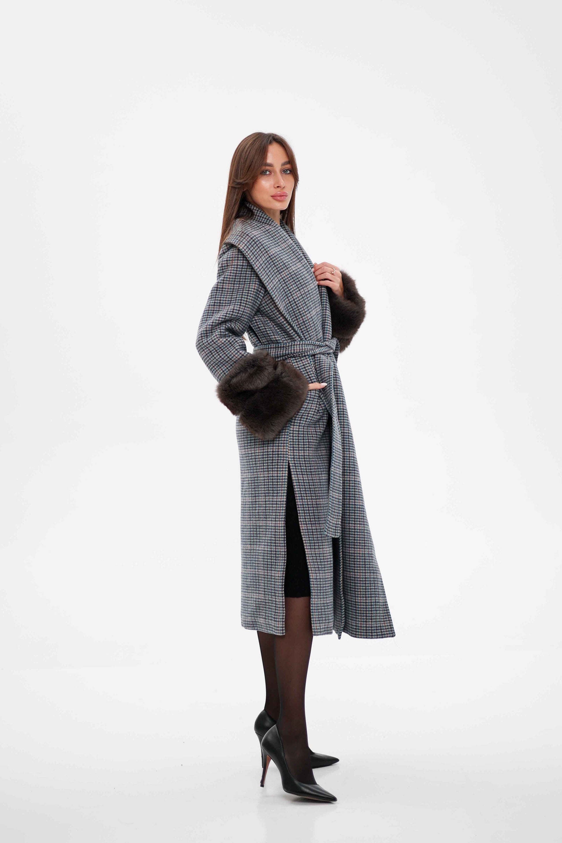 Genuine Polar Fox Fur Virgin Wool Wrap Coat
