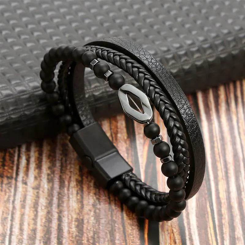 Men's Black Leather Bracelet - Solstik
