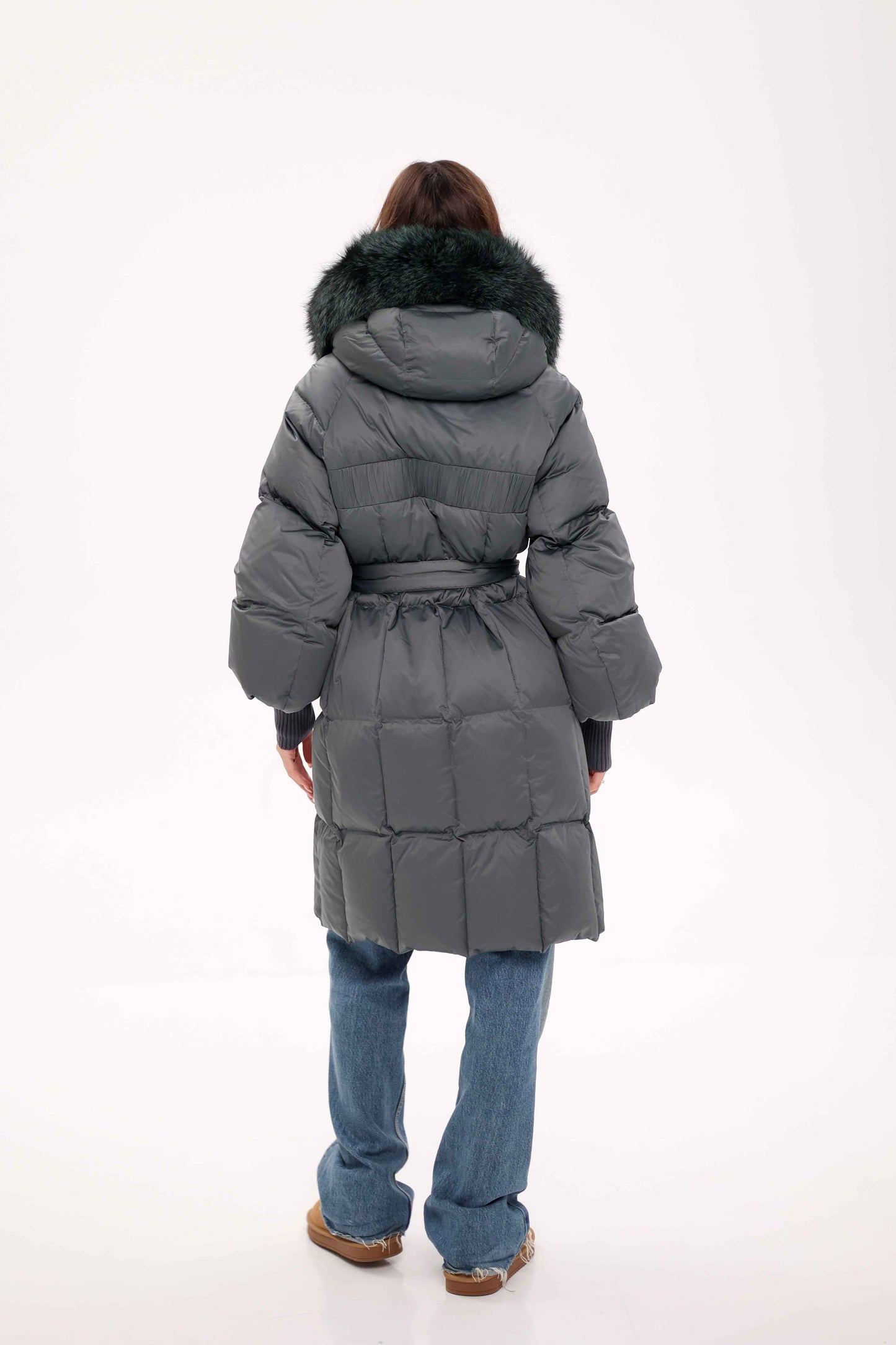 Genuine Silver Fox Fur Trim Down Coat in Forest Slate