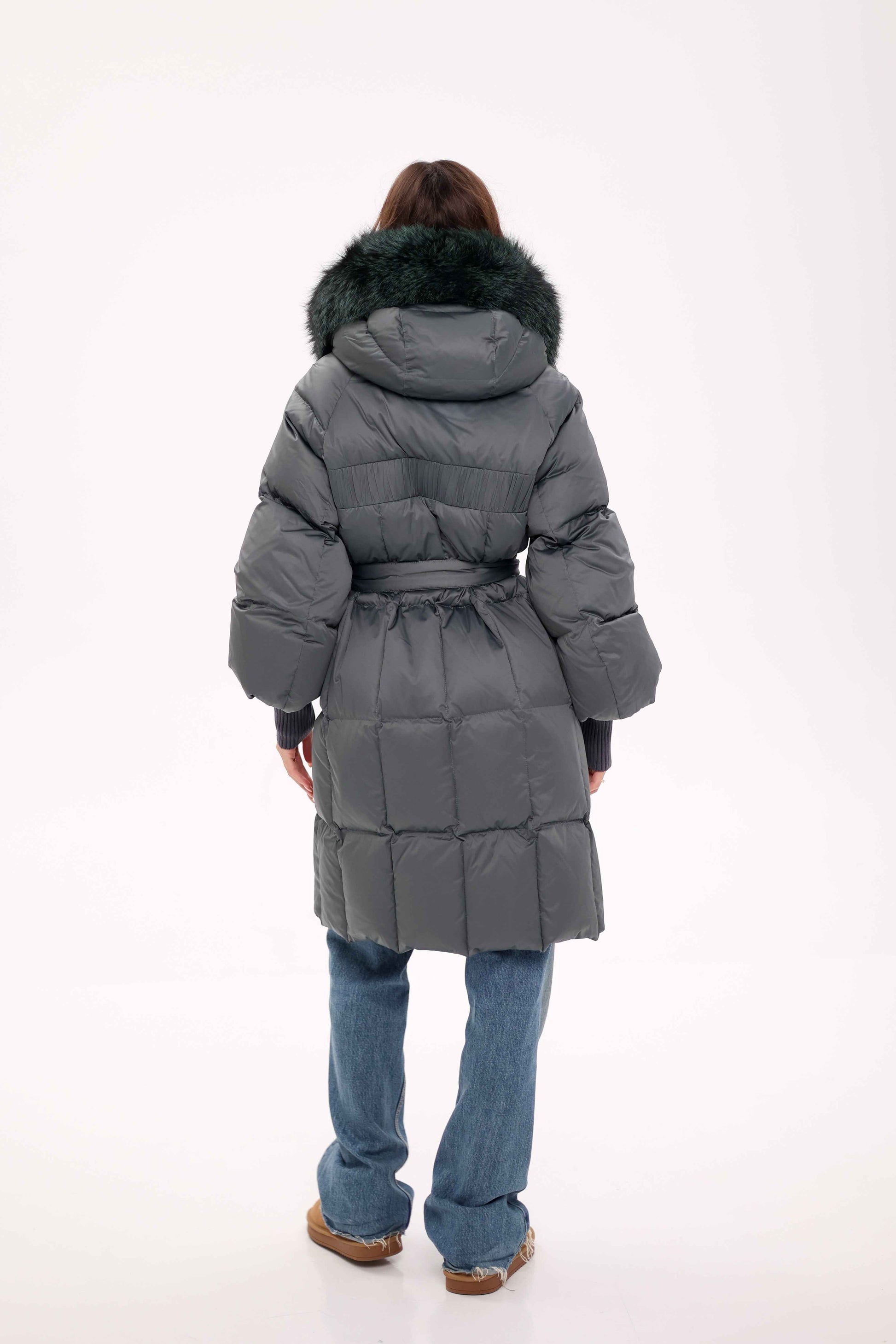 Genuine Silver Fox Fur Trim Down Coat in Forest Slate