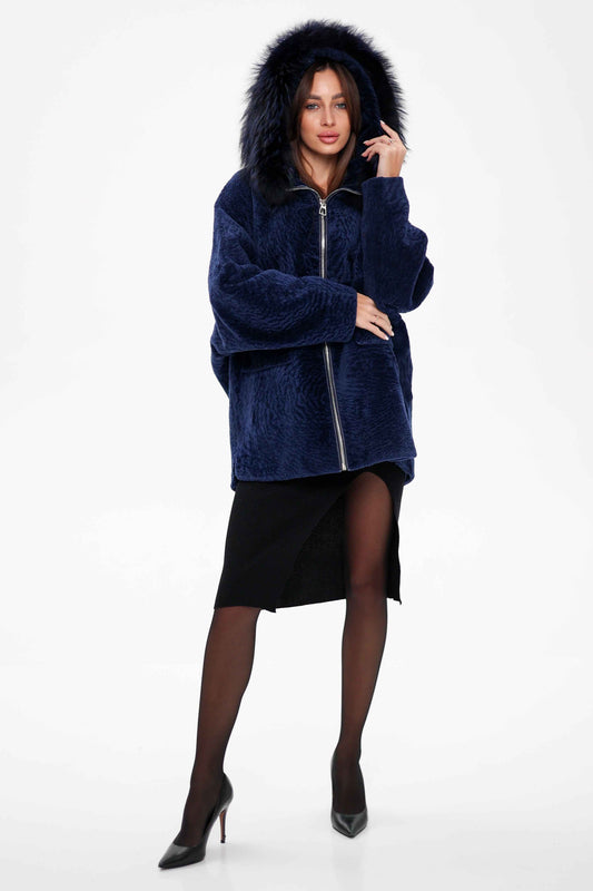 Genuine Shearling Silver Fox Trim Jacket