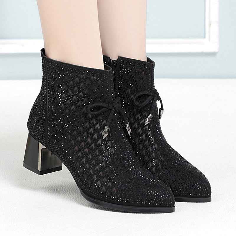 Women's Shoes Chunky Heel Mesh Boots Hollow Rhinestone High Heels