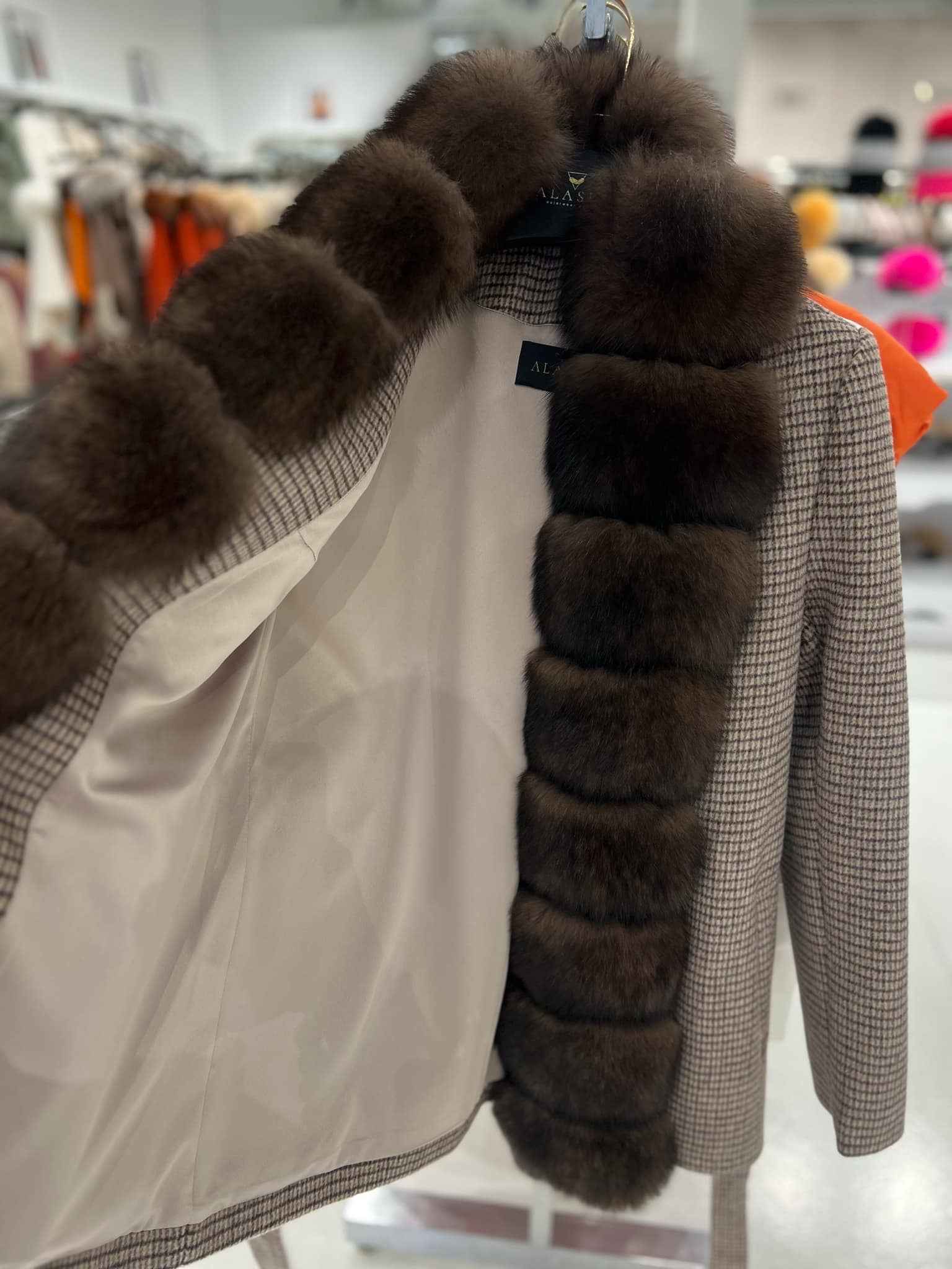 Genuine Polar Fox Fur Virgin Wool Coat in Dark Beige