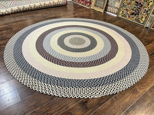 Round American Braided Rug 9x9 ft, Large Round Vintage Braided Rug, Multicolor