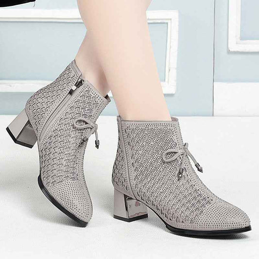 Women's Shoes Chunky Heel Mesh Boots Hollow Rhinestone High Heels