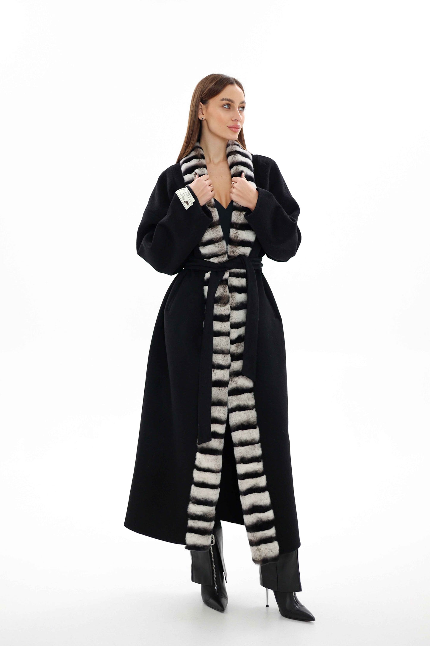 Genuine  French Orylag Fur Italian Cashmere Wool Coat 130cm