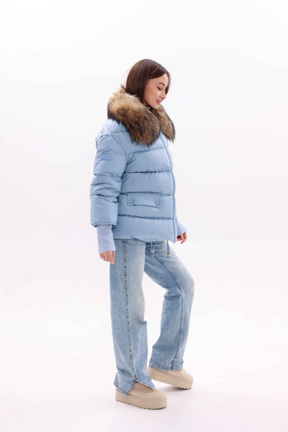 Genuine Fur Trim Down Fill Coat in Blue
