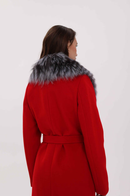 Genuine Silver Fox Virgin Wool Wrap Coat in Red