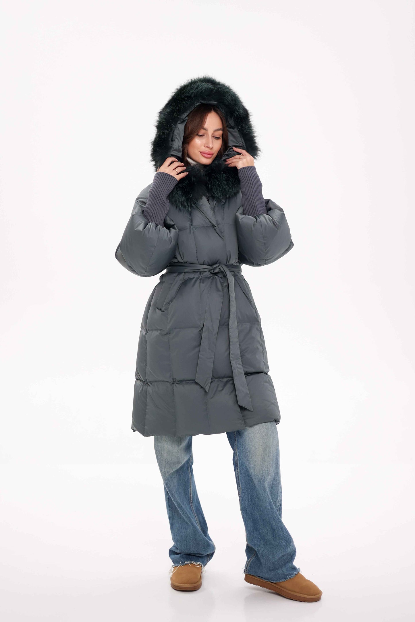 Genuine Silver Fox Fur Trim Down Coat in Forest Slate
