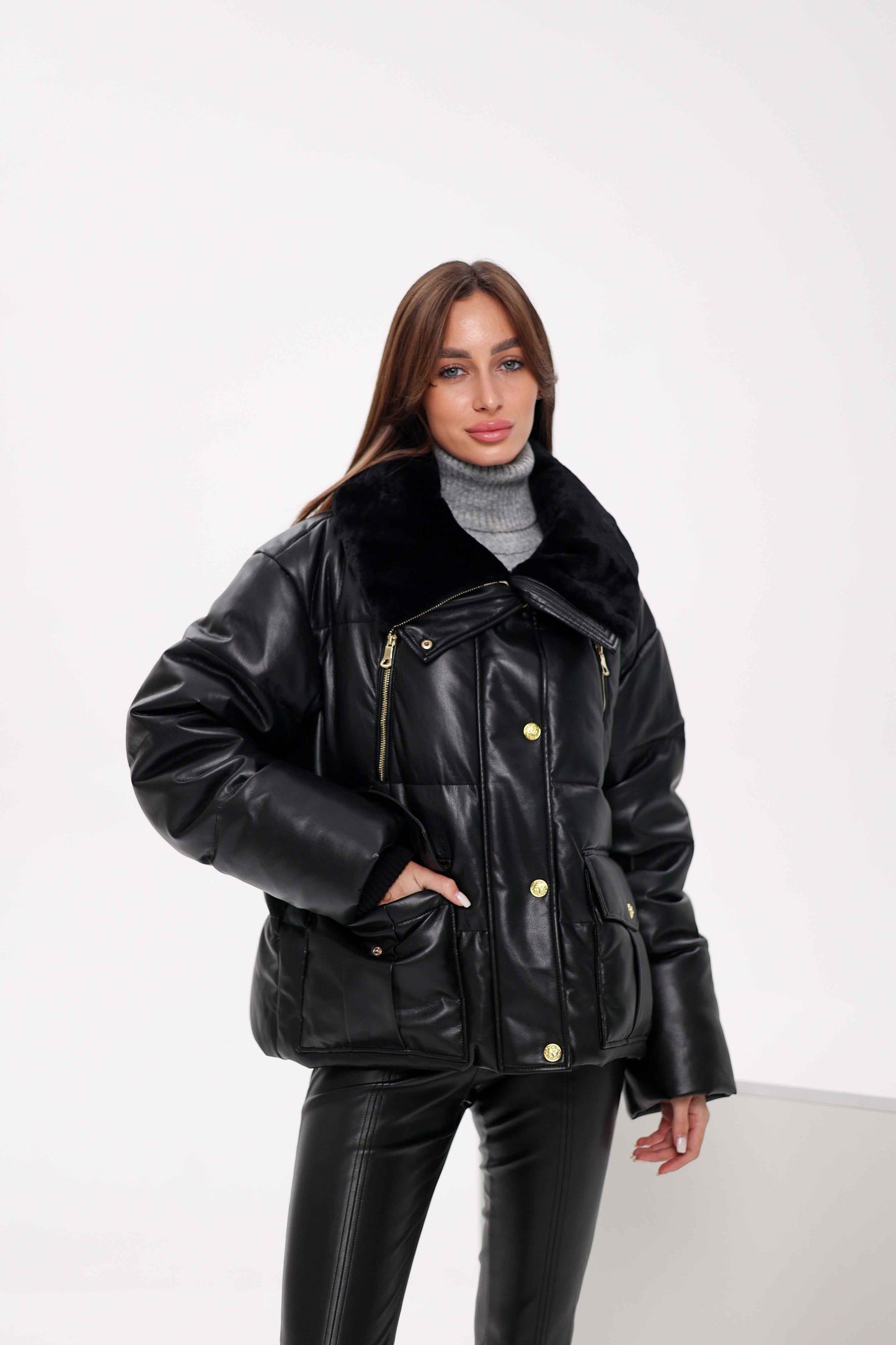Eco Leather Alpaca Collar Down Jacket